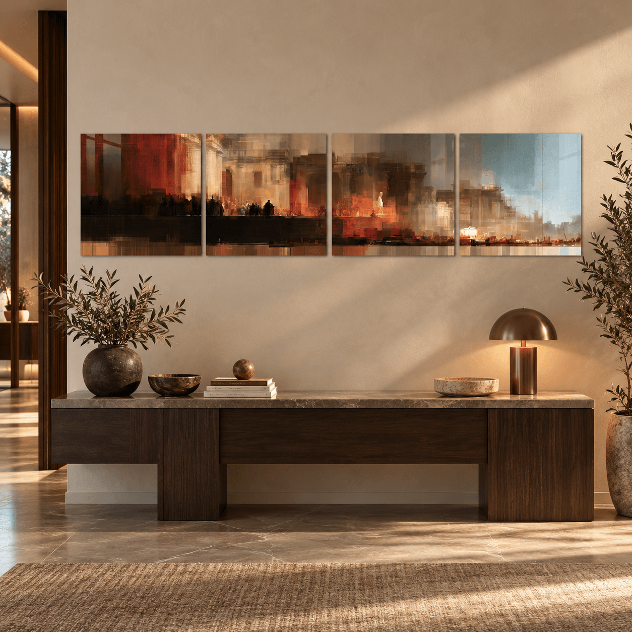 Crimson-to-blue abstract forum wall art above a dark wood console table in an entryway